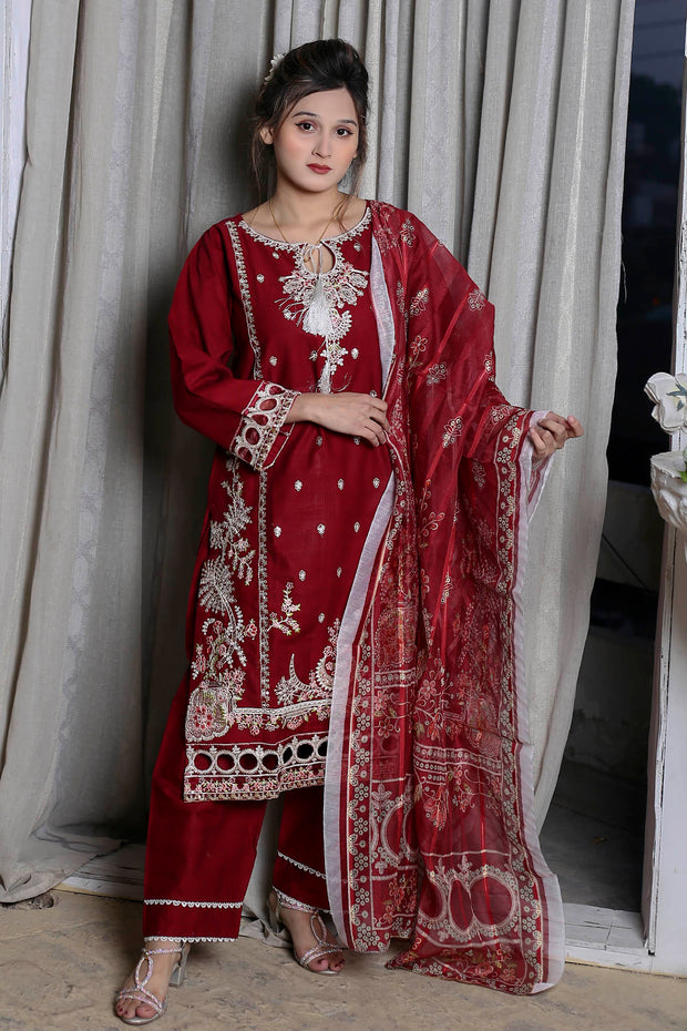 3PC Embroidered Khaddar Dress -11